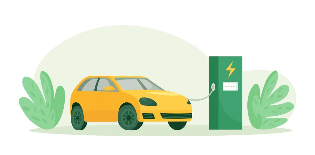 Electric Car Battery Charging at Electric Recharge Station, Wind Turbines in the Background. Alternative Energy Vehicle. Futuristic Transport. Use Green Power. Environmental Care, Renewable Sources